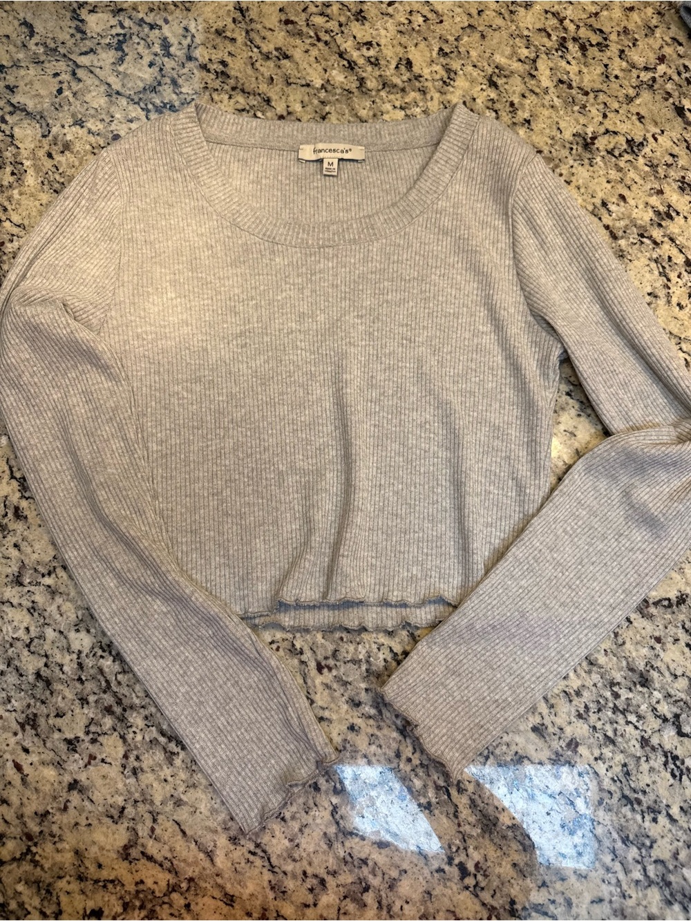 Ribbed Long Sleeve Crop Top - Light Gray